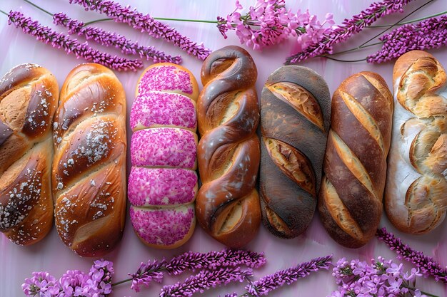 Assorted Freshly Baked Bread Loaves with Decorative Toppings and Flowers Perfect for Spring Baking Inspiration