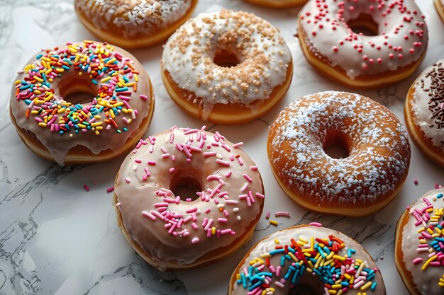 Assorted Frosted Donuts with Colorful Sprinkles on Marble Background Ideal for Bakery Menu Poster or Print