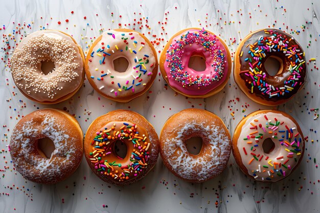 Assorted Frosted Doughnuts with Sprinkles on Marble Countertop Perfect for Poster Cafe Menu and Decor