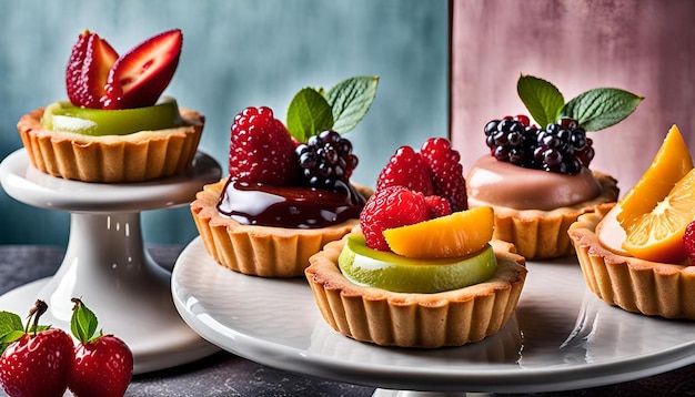 Assorted Fruit Tarts on a Dessert Stand