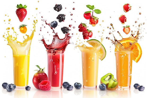 Photo assorted fruits and berries with juice splashes