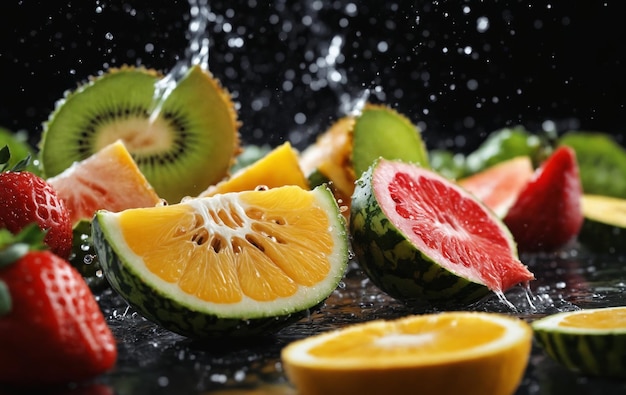 Photo assorted fruits splashing in water on a table including clementines and rangpur