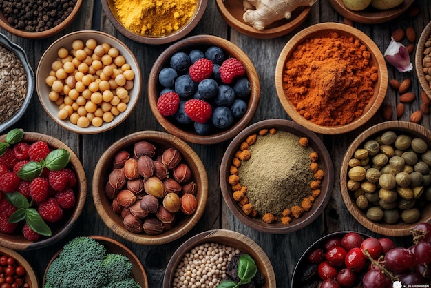 Assorted Fruits Vegetables Nuts Berries and Spices in Wooden Bowls on a Rustic Table