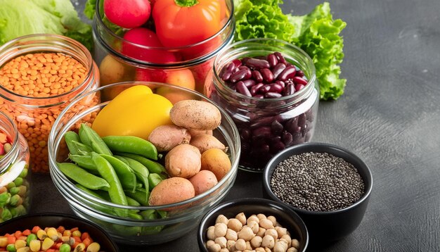 Assorted fruits veggies and legumes in containers on a dark background