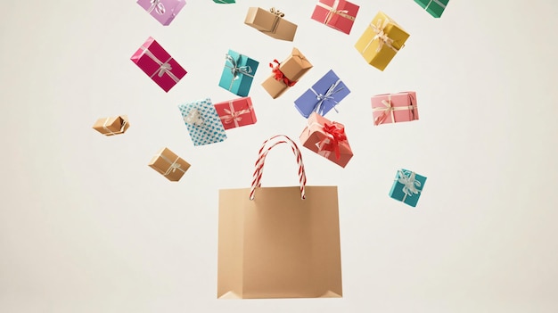 Photo assorted gift boxes falling into shopping bag