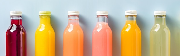 Photo assorted glass bottles of different colored beverages in a row drinks refreshment variety beverage selection concept fruit juices in glass bottles isolated on light blue