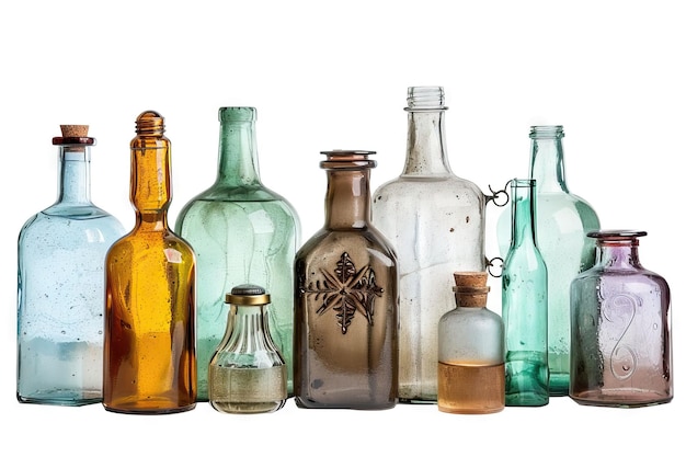 Assorted glass bottles and jars on white background