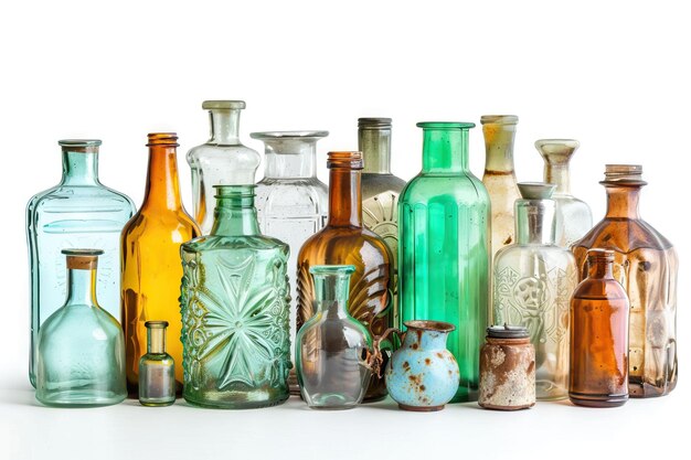 Assorted glass bottles and jars on white background