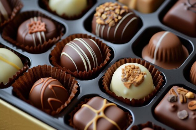 Assorted gourmet chocolate box closeup