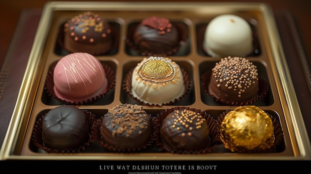 Photo assorted gourmet chocolate truffles in decorative box luxurious confectionery presentation