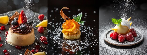 Photo assorted gourmet desserts with powdered sugar on black background