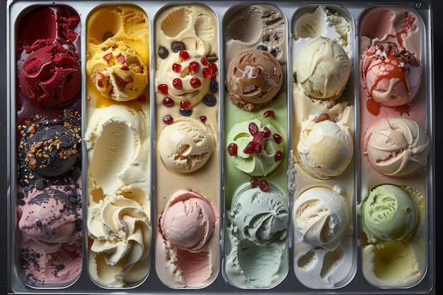 Assorted Gourmet Ice Cream Flavors in Rectangular Scoop Trays Top View of Artisanal Frozen Desserts