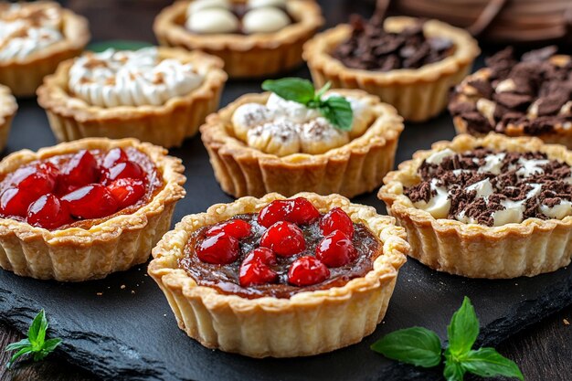 Photo assorted gourmet tartlets on dark surface