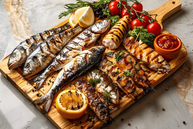 Photo assorted grilled fish set on wooden serving board