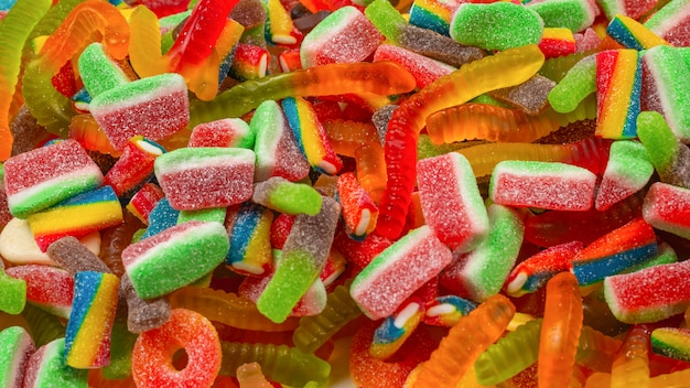 Assorted gummy candies. Top view. Jelly  sweets background.