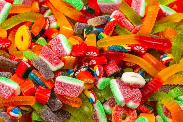 Assorted gummy candies Top view Jelly sweets background