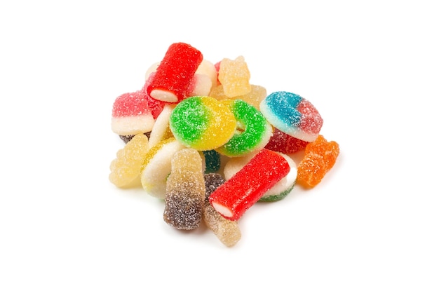 Assorted gummy candies Top view Jelly  sweets Isolated on white