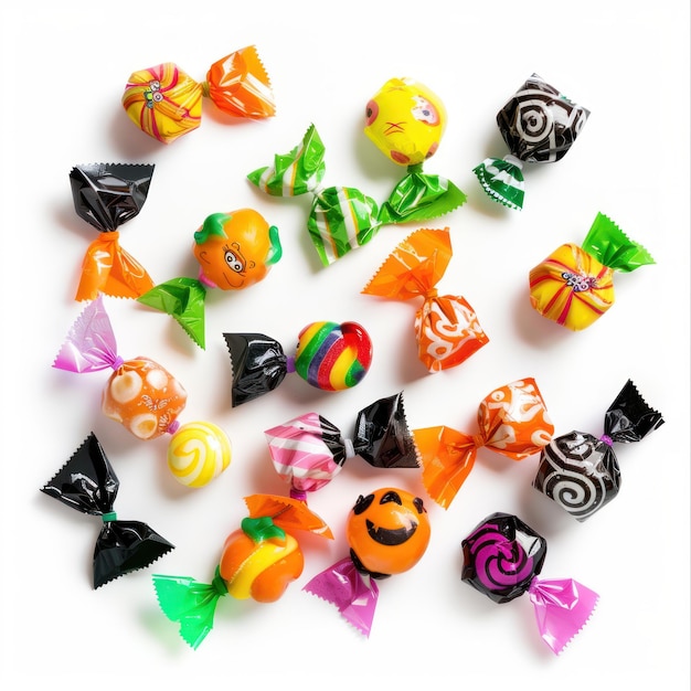 Photo assorted halloween candies in vibrant wrappers scattered on an isolated white background the colorful array leaves ample copy space for text or additional elements