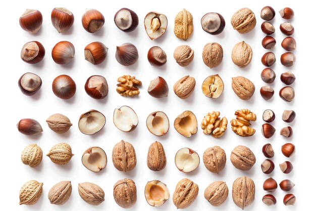 Photo assorted hazelnuts collection arranged on white background nut variety suitable for culinary or snack