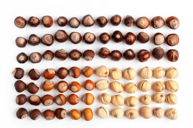 Photo assorted hazelnuts collection arranged on white background nut variety suitable for culinary or snack