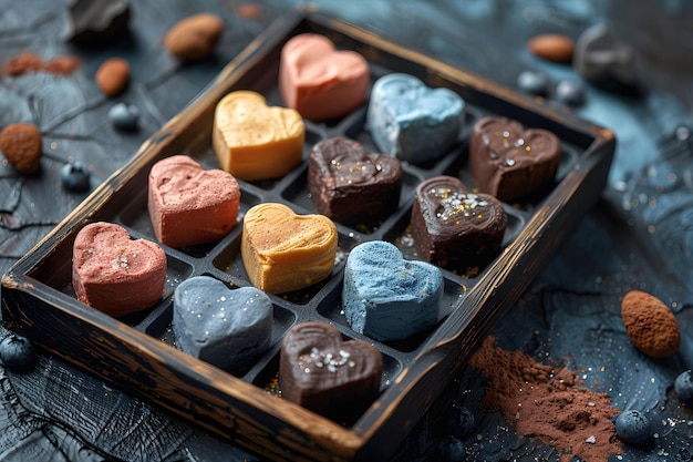 Photo assorted heartshaped gourmet chocolates in a decorative wooden box perfect for valentine s day gifts