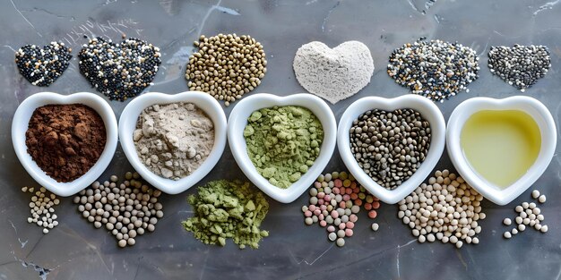 Photo assorted hemp seed products in white bowls hearts protein powder milk oil concept hemp seeds heartshaped bowls protein powder hemp milk hemp oil