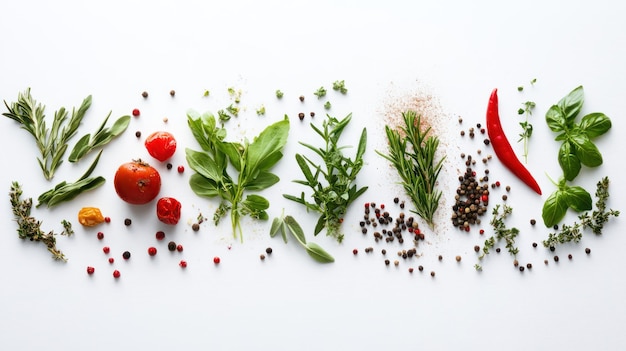 Photo assorted herbs spices and peppers on white background