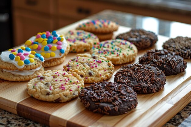 Assorted homemade cookies on wooden board