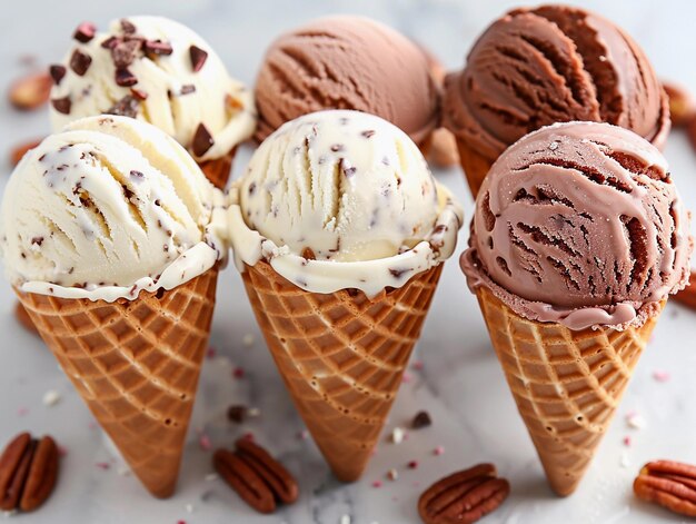 Assorted Ice Cream Cones with Chocolate and Nuts