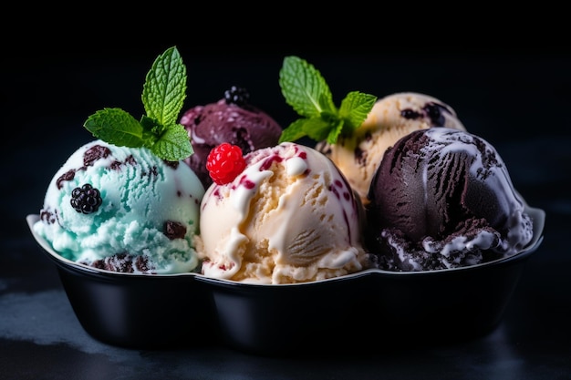 Assorted ice cream scoops of different flavours with fresh mint and raspberry on black background