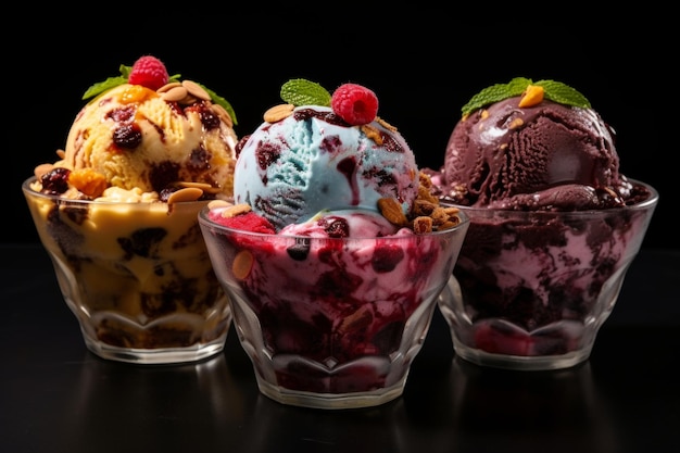 Assorted ice cream scoops of different flavours with fresh mint and raspberry on black background