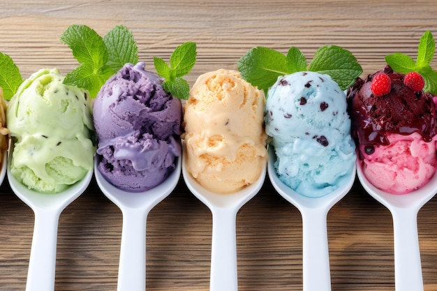 Assorted ice cream scoops of different flavours with fresh mint on rustic wooden background