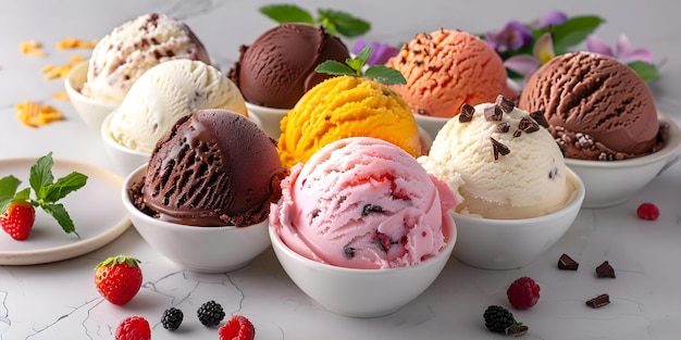 Assorted ice cream scoops in various colors and flavors with toppings Concept Ice Cream Variety Colorful Scoops Tasty Toppings Sweet Treats Delicious Flavors