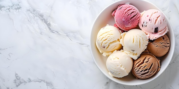 Assorted ice cream scoops in white bowl from a top view on an isolated background Concept Food Photography Ice Cream Dessert Top View Isolated Background