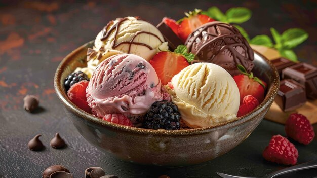 Assorted ice creams placed in a ceramic bowl with chocolate toppings and fresh fruit