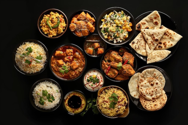 Assorted Indian Cuisine on Black Background