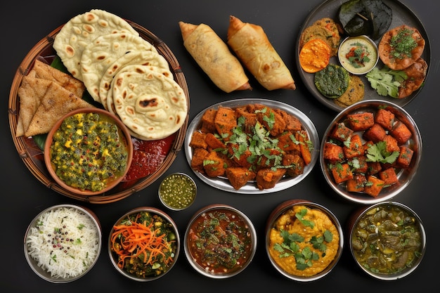 Assorted Indian Food on a Black Background Top View