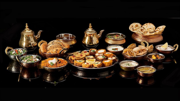 Assorted Indian food on black background