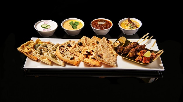 Assorted Indian food on black background