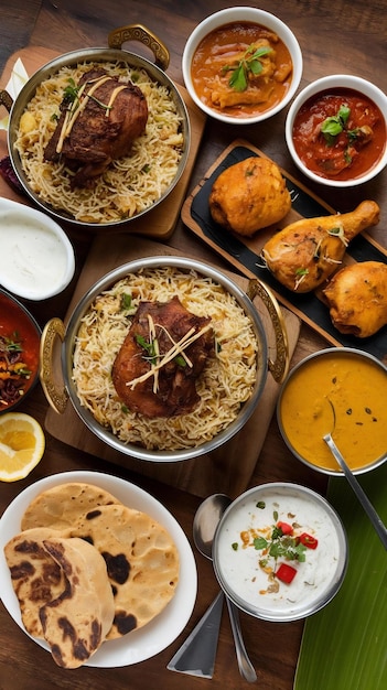 Assorted indian food on wooden background thalaseri mutton biryanichicken lollipop butter chicken m