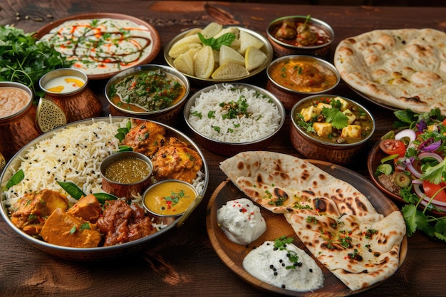 Assorted Indian Food on a Wooden Background with Dishes and Appetizers