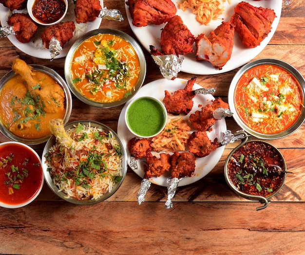 Assorted indian foods chicken biryanichicken kormachicken lollipop paneer butter masala and tandoori chicken on wooden background Dishes and appetizers of indian cuisine