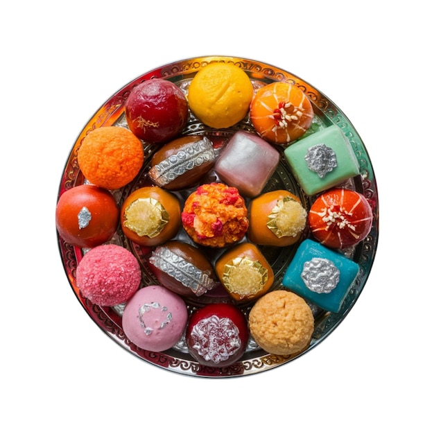 Assorted Indian sweets mithai on a decorative plate isolated on WHITE background