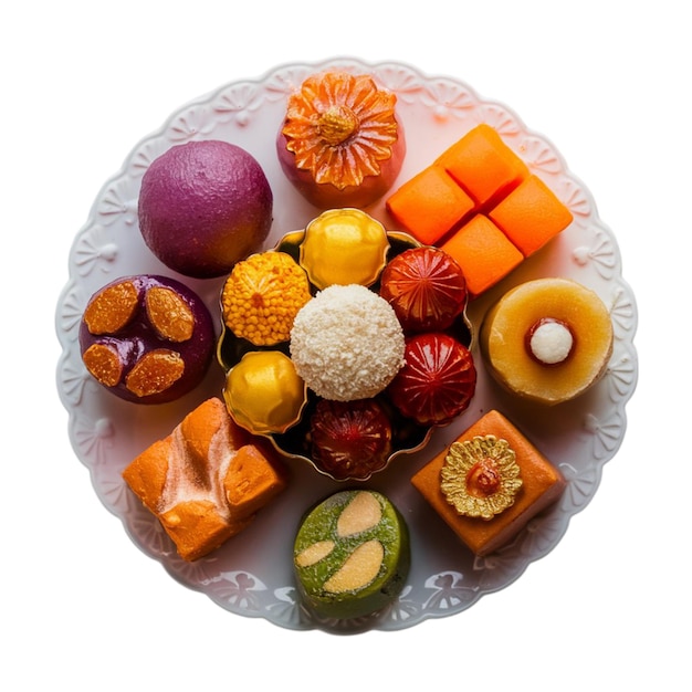 Assorted Indian sweets mithai on a decorative plate isolated on WHITE background