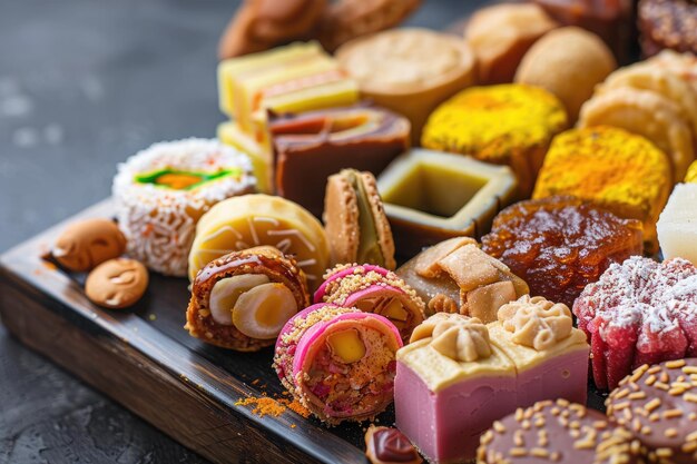 Photo assorted indian sweets platter in vibrant colors