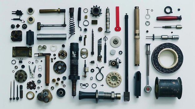 Photo assorted industrial parts and tools arranged in a grid pattern