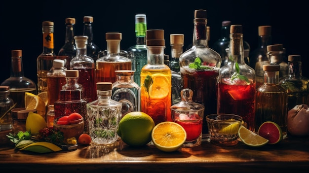 Photo assorted infused spirits and liqueurs with fresh fruits and herbs on display generative ai