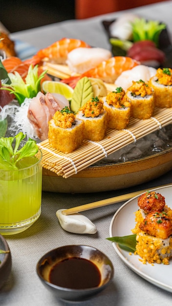 Assorted japanese sushi ans sashimi on a table