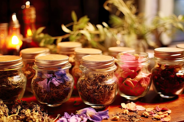 Assorted jars of herbal tea Natural remedies