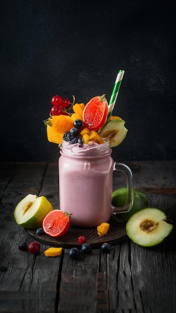 Assorted juices with milkshake and fruits